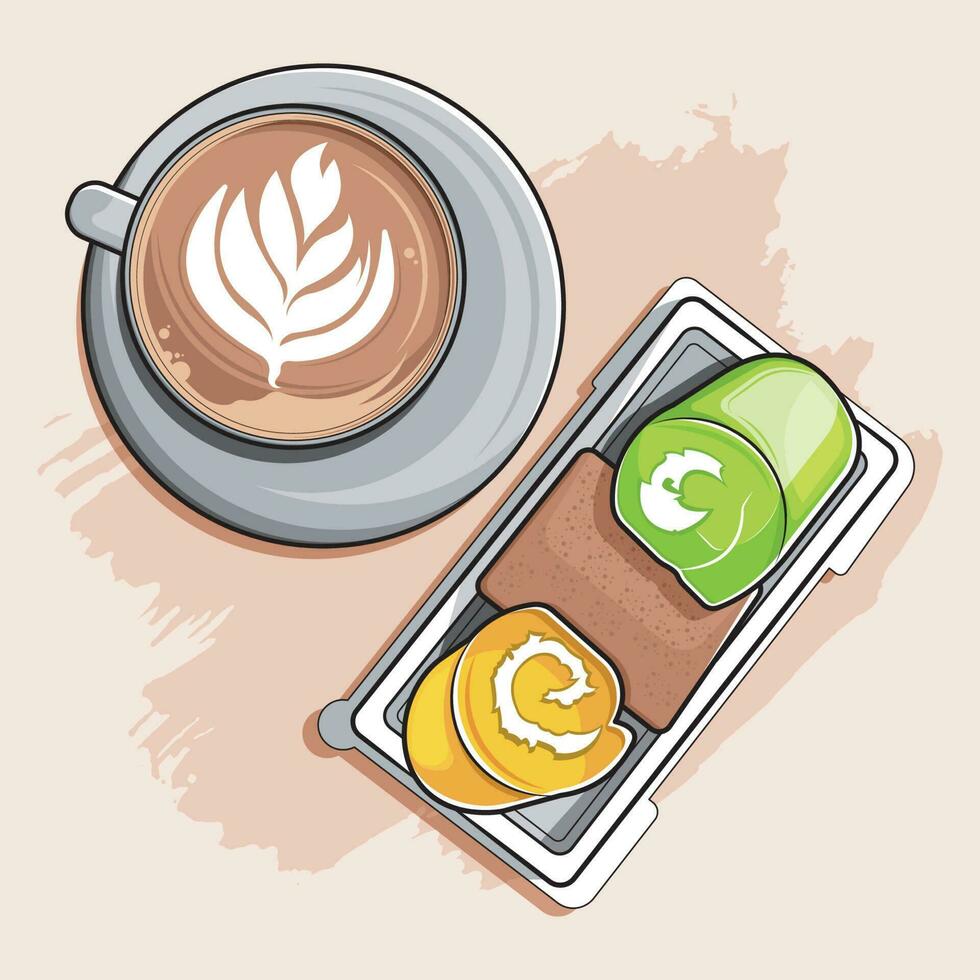 topo plano Visão às 1 copo do cappuccino e bolo lista vetor ilustração livre baixar