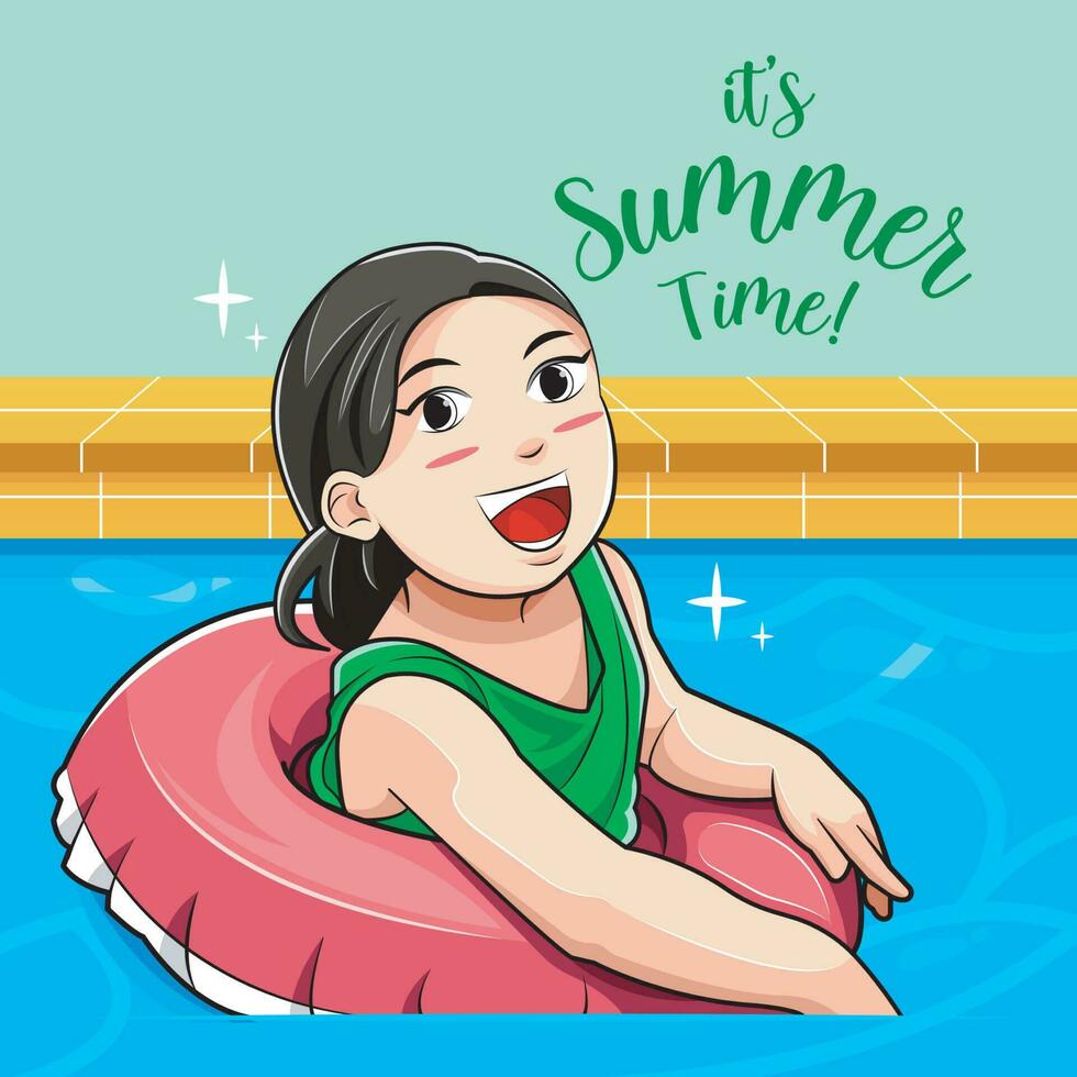 Olá verão. fofa menina tendo Diversão dentro natação piscina vetor ilustração pró baixar