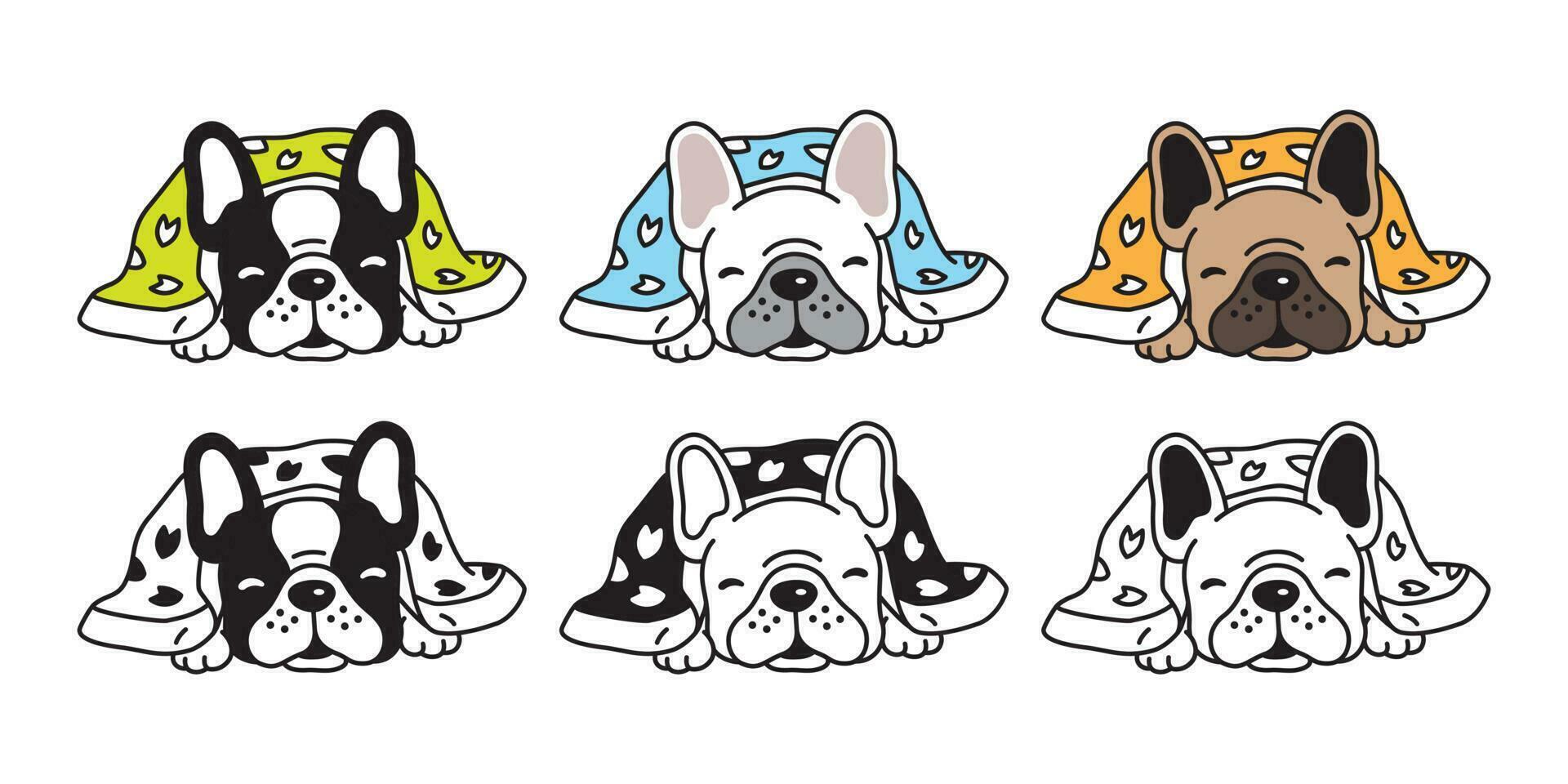 cachorro vetor francês buldogue ícone logotipo dormindo cobertor desenho animado personagem ilustração símbolo rabisco