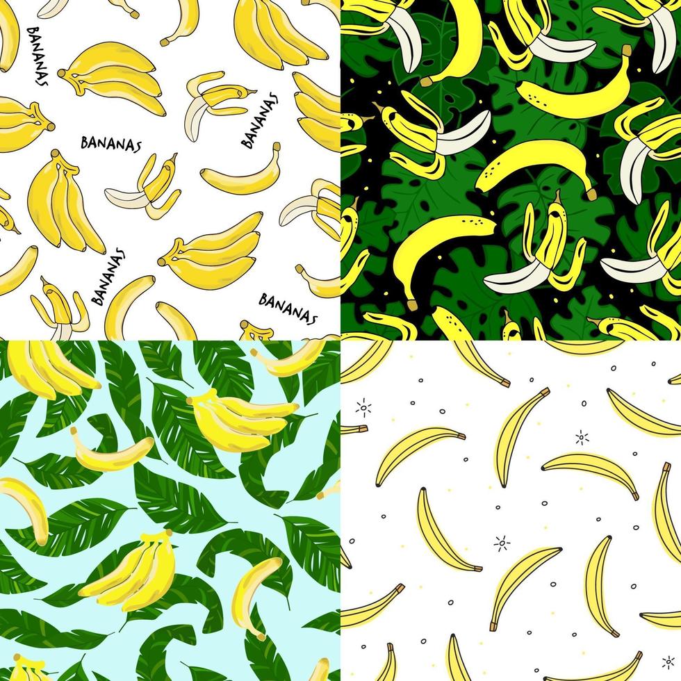 coleta de banana caseira. padrões sem emenda com bananas, folhas exóticas e pontos. perfeito para papel de parede, papel de embrulho, têxtil e design de embalagens. vetor