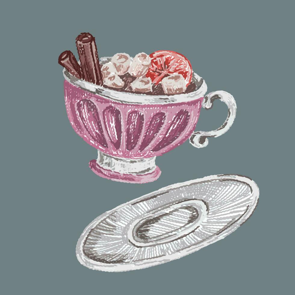 chocolate quente em uma caneca com chantilly. bebida de abraço. ilustração em vetor esboço decorativo mão desenhada.