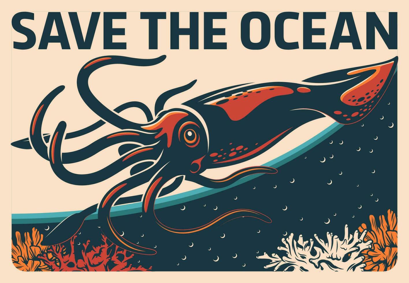 Lula animal dentro oceano água retro vetor poster