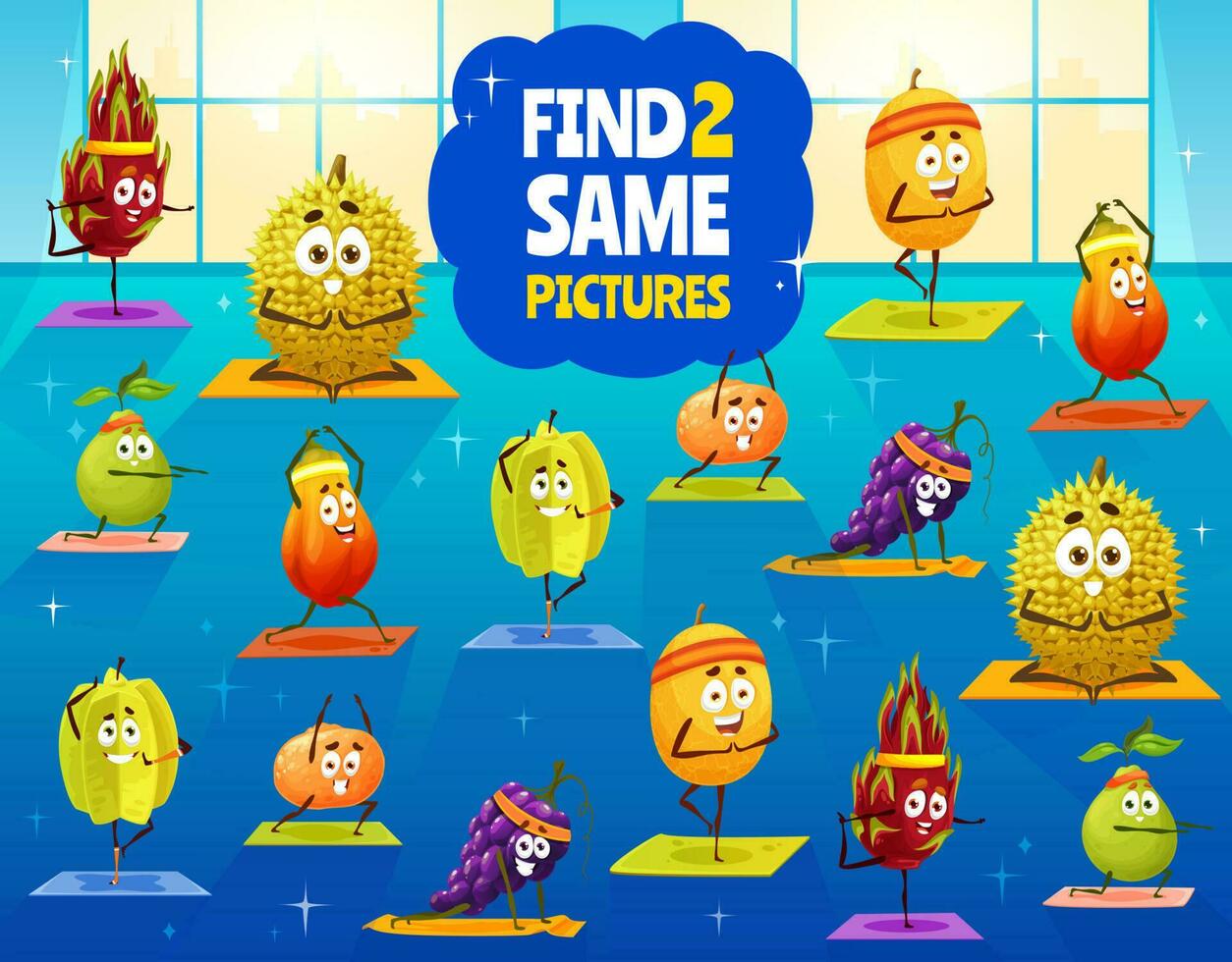 encontrar dois mesmo desenho animado fruta personagens, crianças jogos vetor