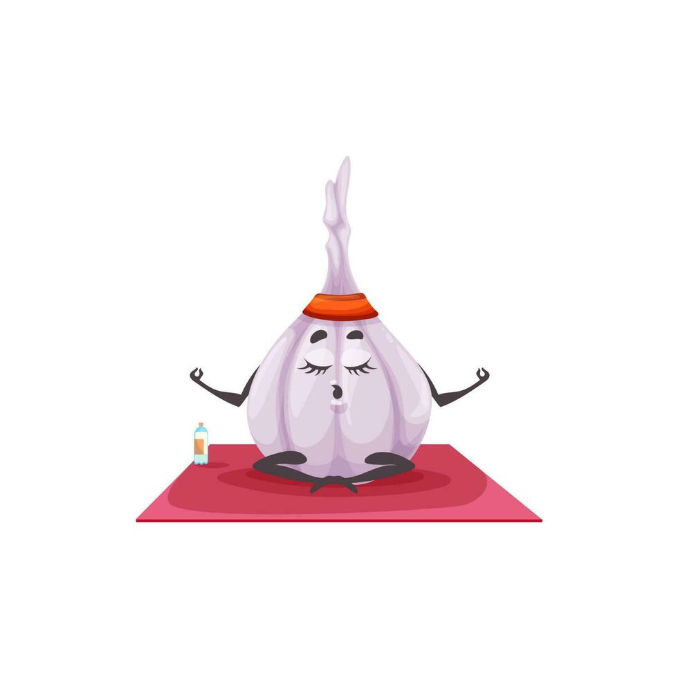 alho lâmpada desenho animado personagem em ioga esporte esteira vetor