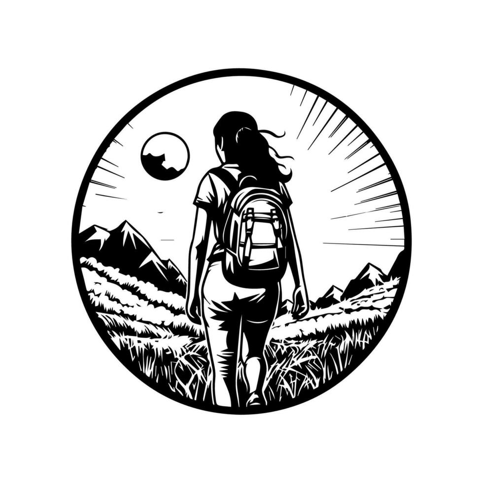 bater a trilhas com nosso aventureiro caminhada logotipo Projeto. isto dinâmico ilustração é perfeito para ao ar livre e relacionado com a natureza marcas. vetor