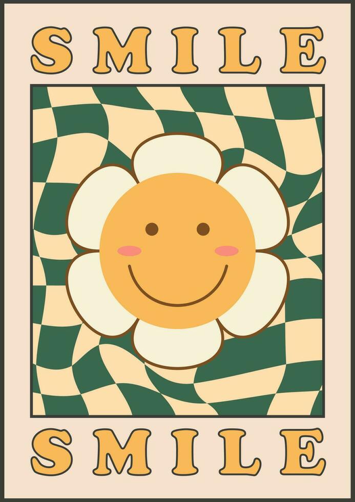 coleção do brilhante groovy cartazes anos 70. retro poster com psicodélico flores e cogumelos, sorrir face, sol, feliz verão ou Primavera. vintage impressões com grunge textura. vetor