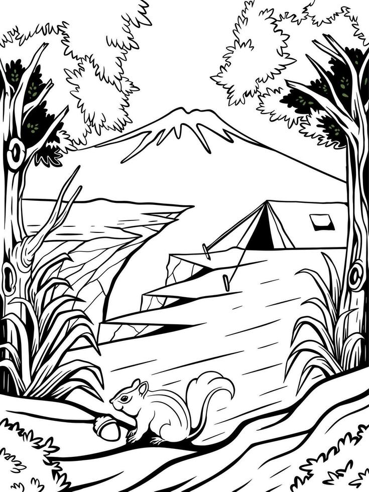 linha arte vetor ilustração do acampamento dentro natureza