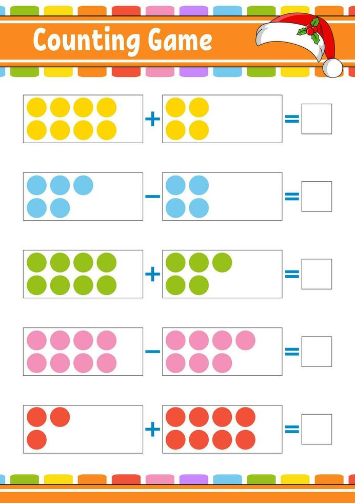 adição e subtração. tarefa para crianças. planilha de desenvolvimento de educação. página colorida da atividade. jogo para crianças. tema de natal. ilustração vetorial isolado. estilo de desenho animado. vetor