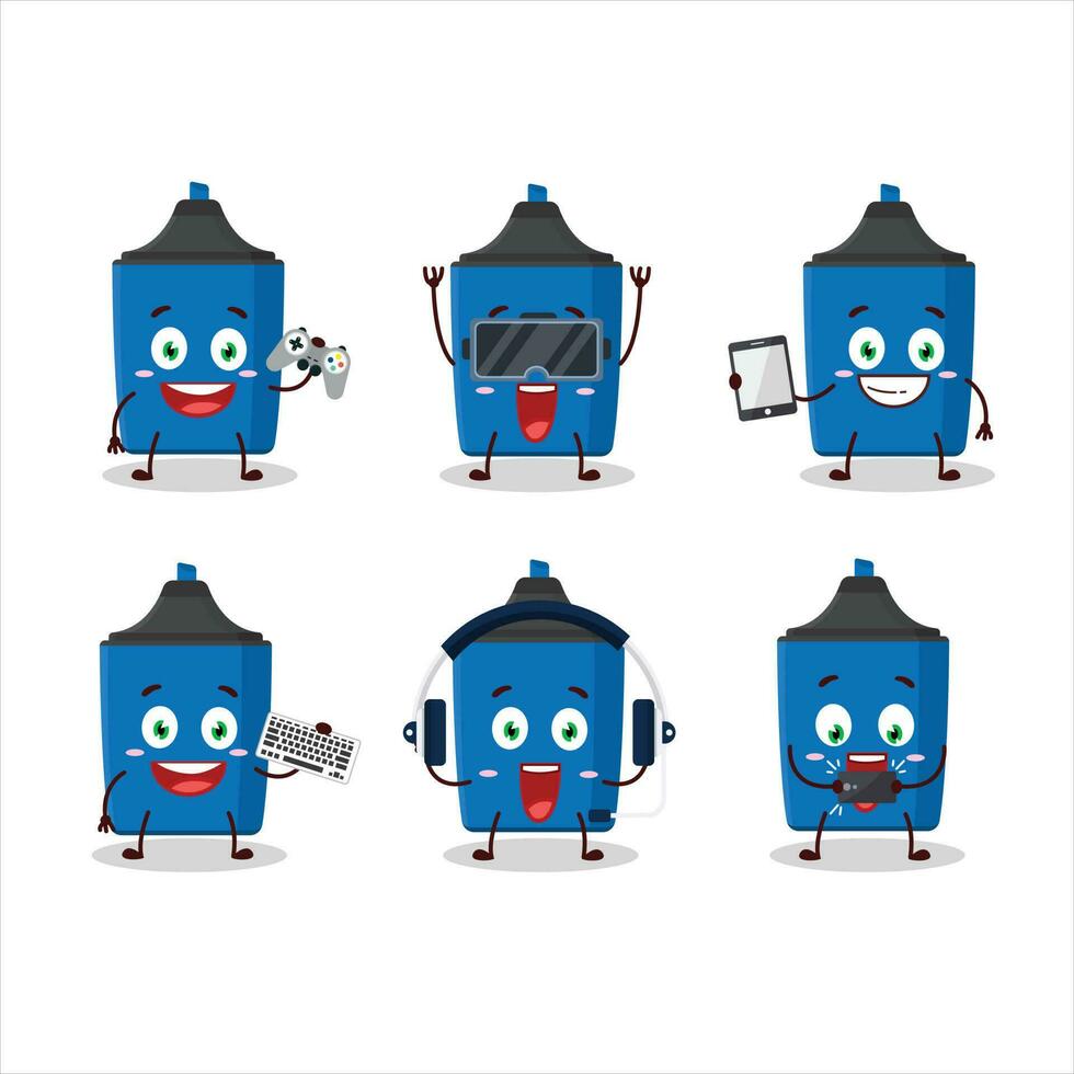 Novo azul marcador desenho animado personagem estão jogando jogos com vários fofa emoticons vetor