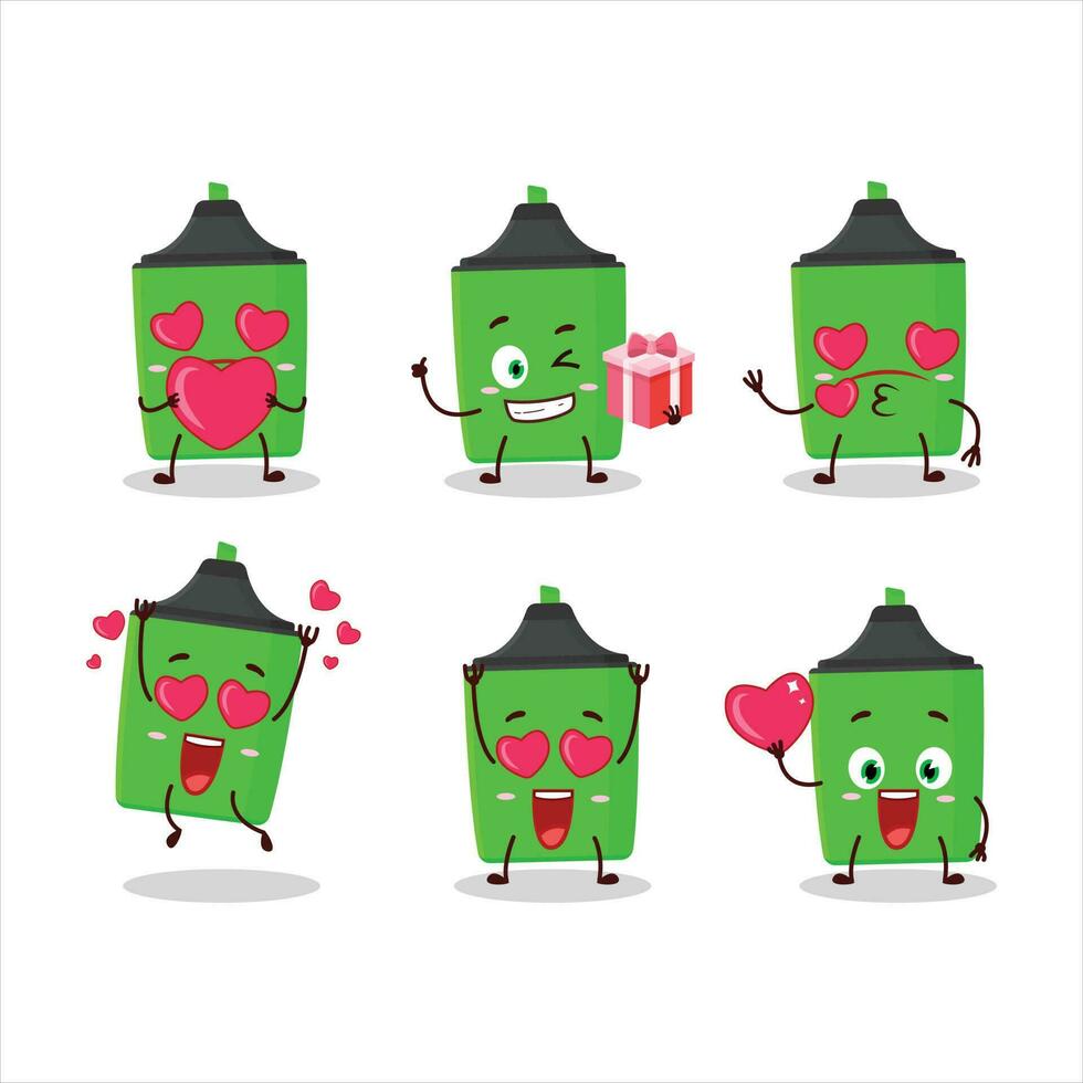Novo verde marcador desenho animado personagem com amor fofa emoticon vetor