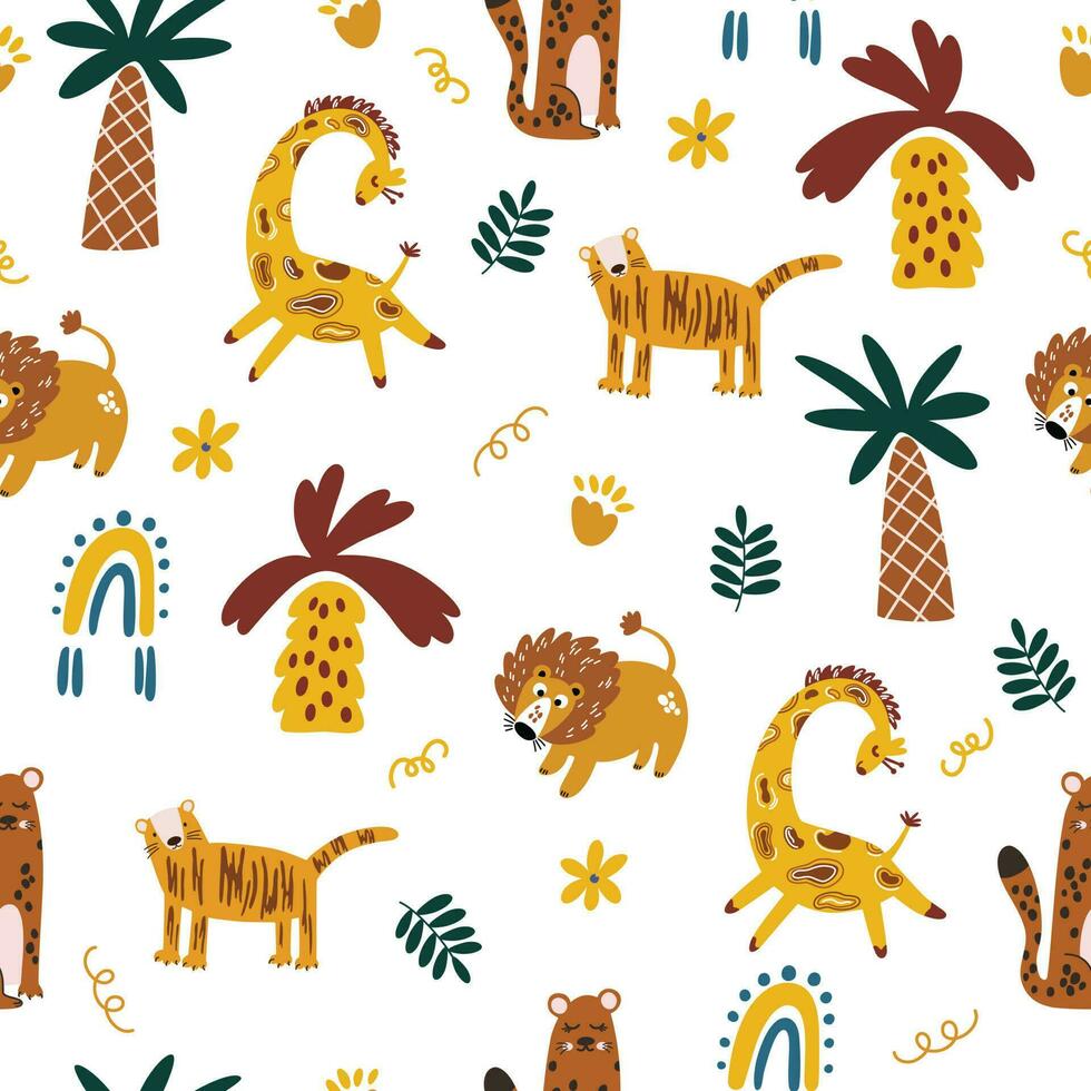 selva animais desatado padronizar. girafa, leão, tigre, leopardo, Palma árvores e flores perfeito para tecido, têxtil, papel de parede e scrapbooking. criativo vetor fundo