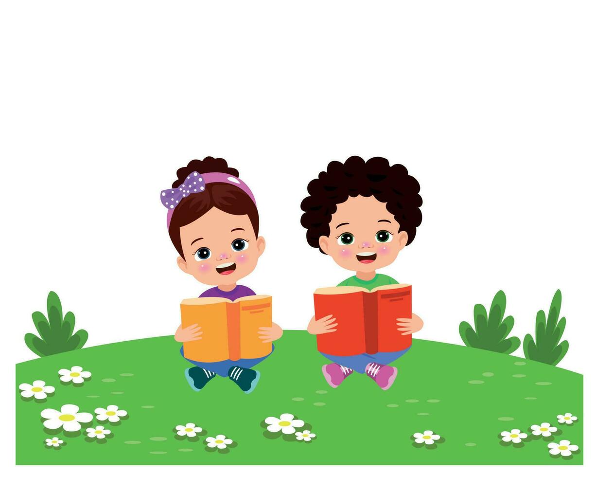 Garoto e menina lendo livros em a grama. vetor