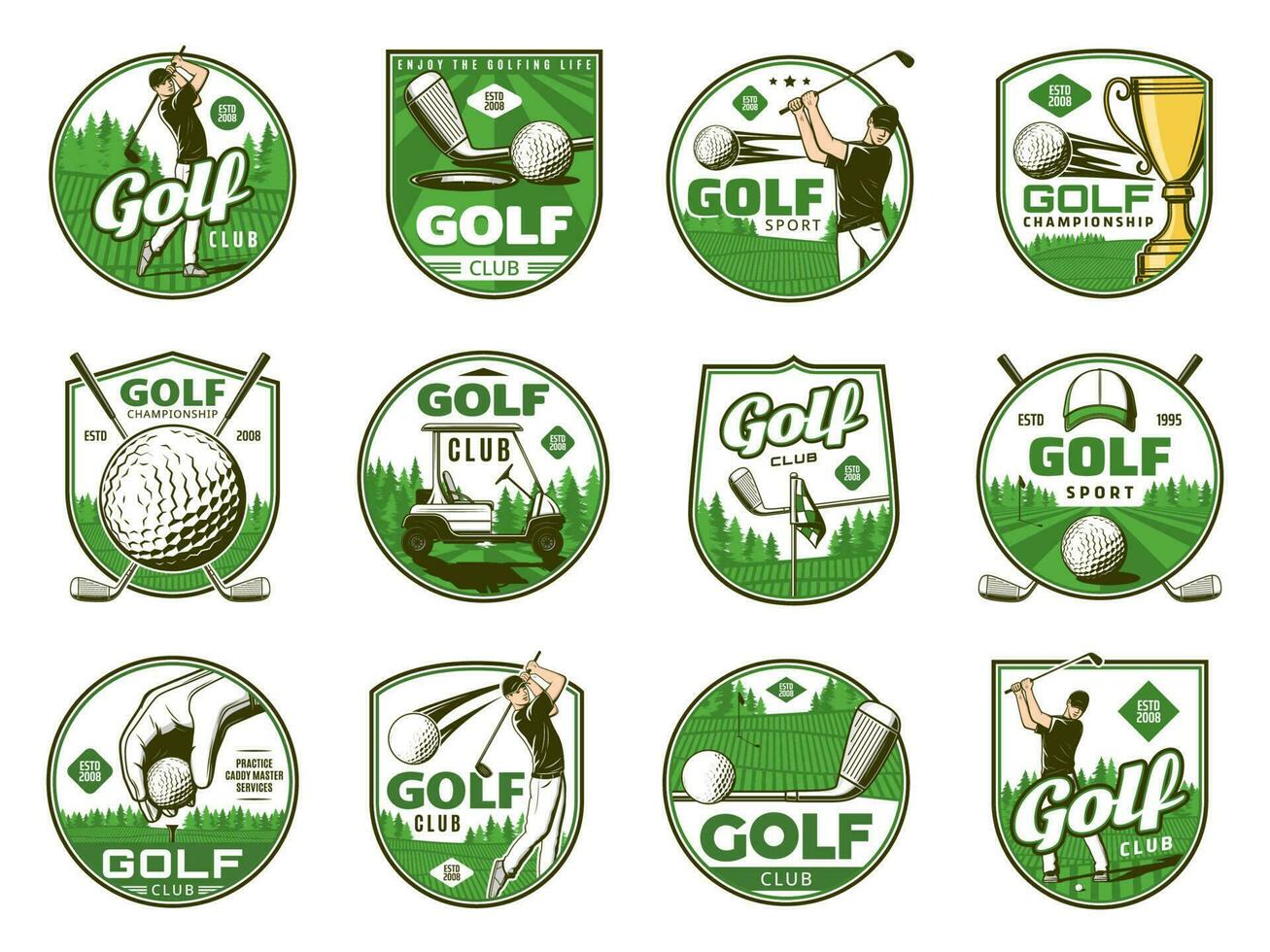 golfe esporte ícones do bolas, clubes, tee e buracos vetor