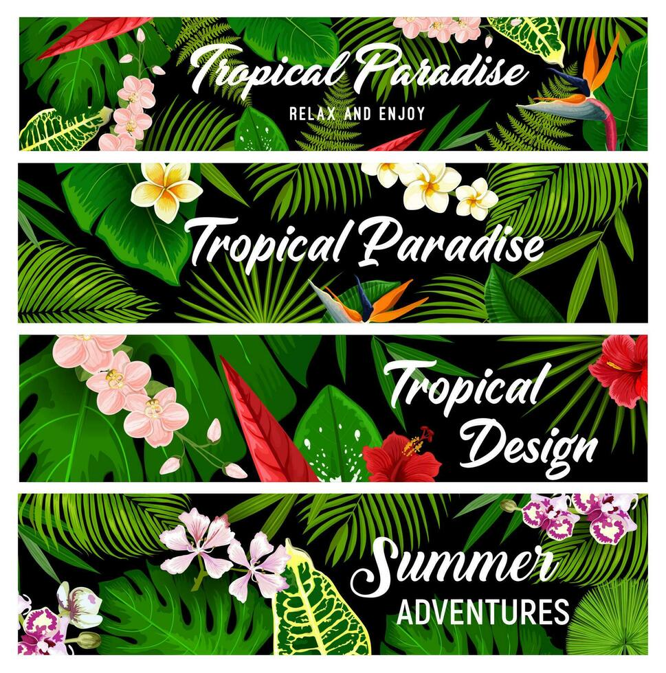 tropical plantas e flores vetor bandeiras, cartões