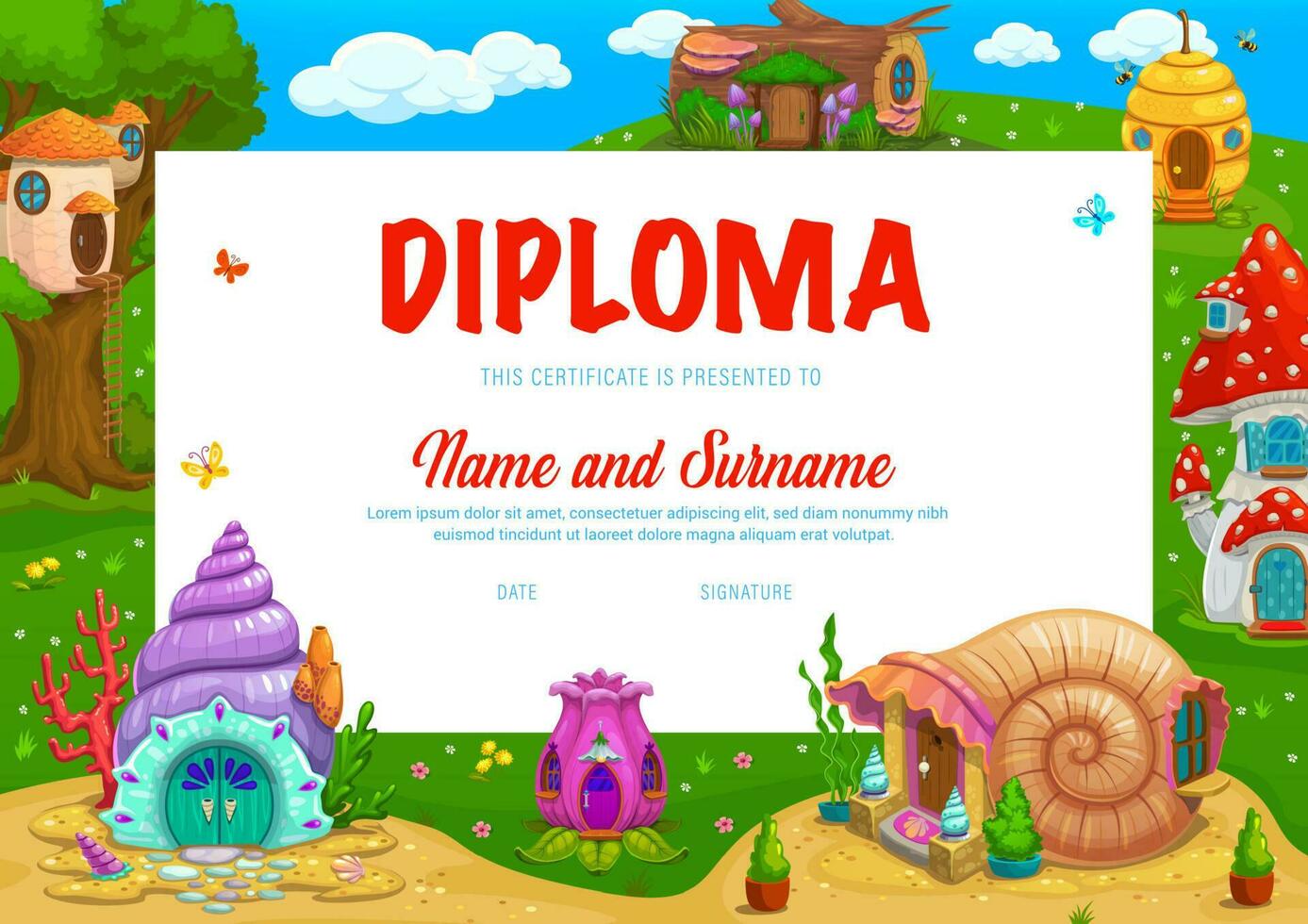 crianças diploma, desenho animado cogumelo, flor e colméia vetor