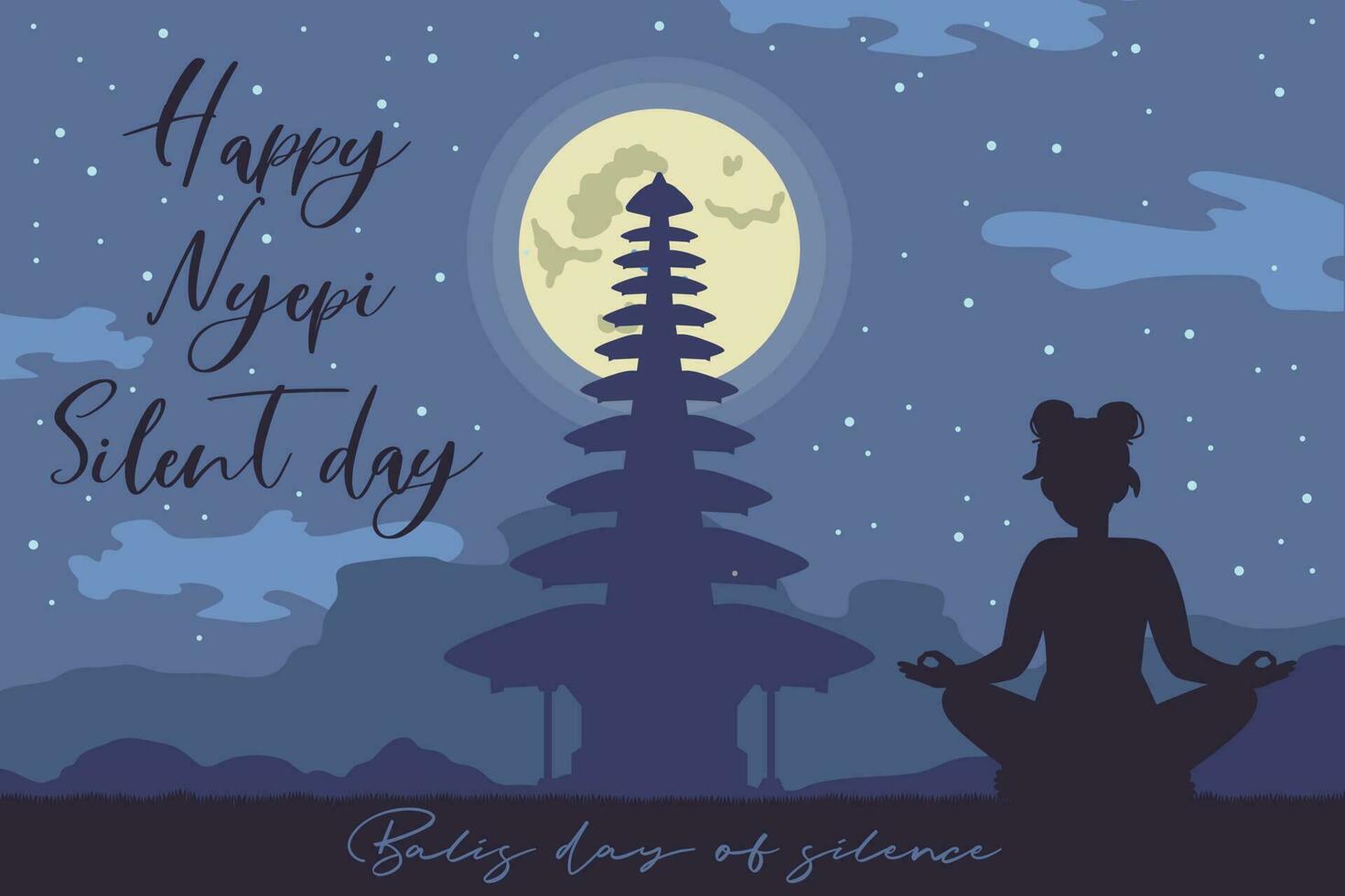 Nyepi horizontal poster bandeira com a noite atmosfera e menina silhueta sentado dentro lótus pose. bali s dia do silêncio estoque vetor ilustração dentro plano estilo.