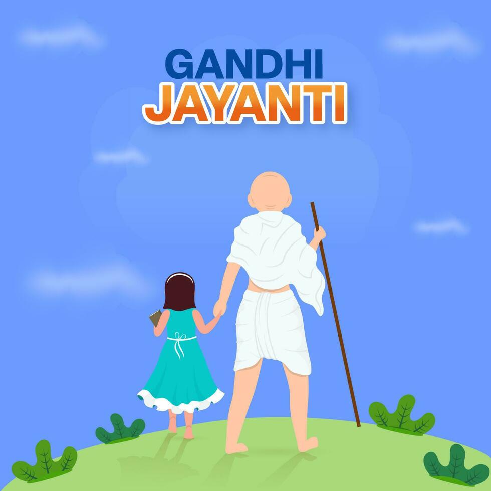 costas Visão do Mahatma Gandhi com menina personagem em azul e verde fundo para Gandhi Jayanti conceito. vetor