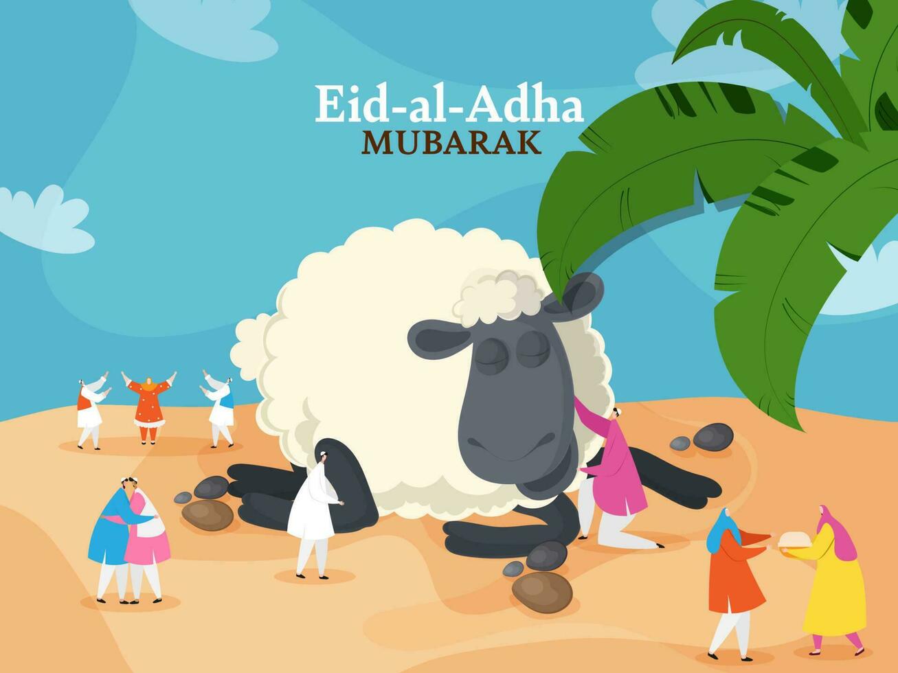 desenho animado islâmico pessoas a comemorar com cada de outros e ovelha animal em azul e pêssego fundo para eid al adha mubarak. vetor
