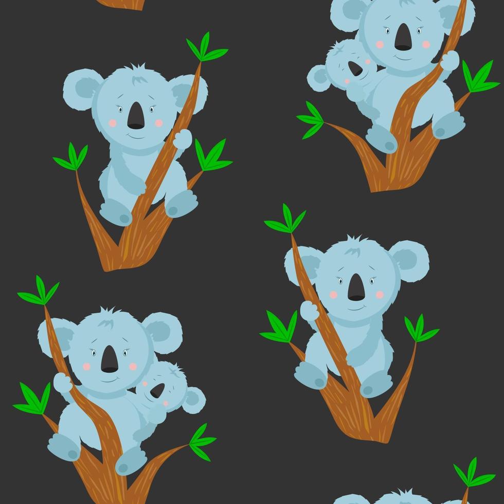 padrão sem emenda com coala de desenho animado no galho de árvore de eucalipto. ilustração com coala engraçado com bebê coala. padrão para tecido e roupas. vetor