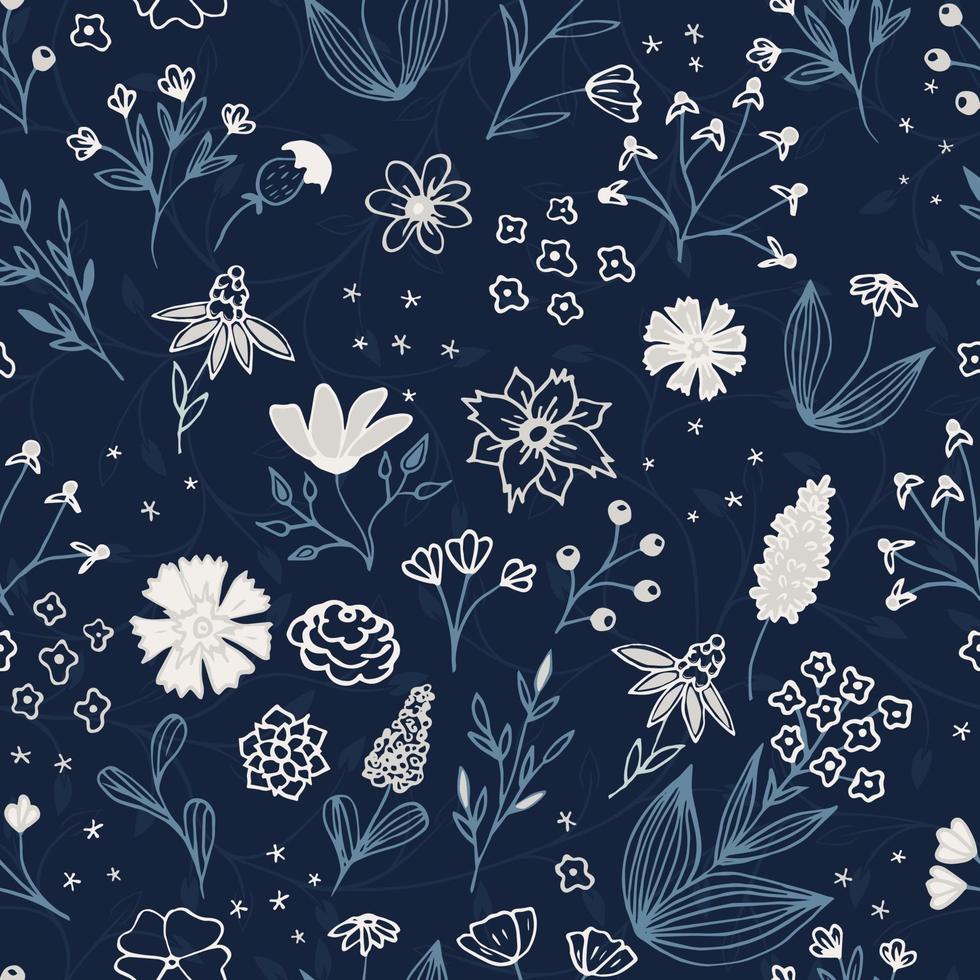 desenho floral. sem costura mão desenhada motivos botânicos. doodle, flores no jardim, folhas, ramos. textura de vetor moderno para moda, tecido, impressão retro.