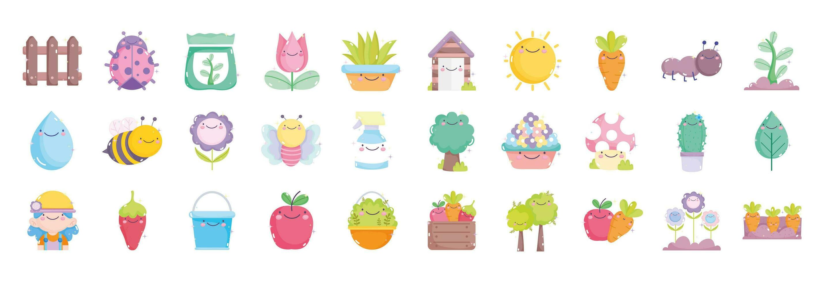 kawaii jardinagem ícone coleção vetor