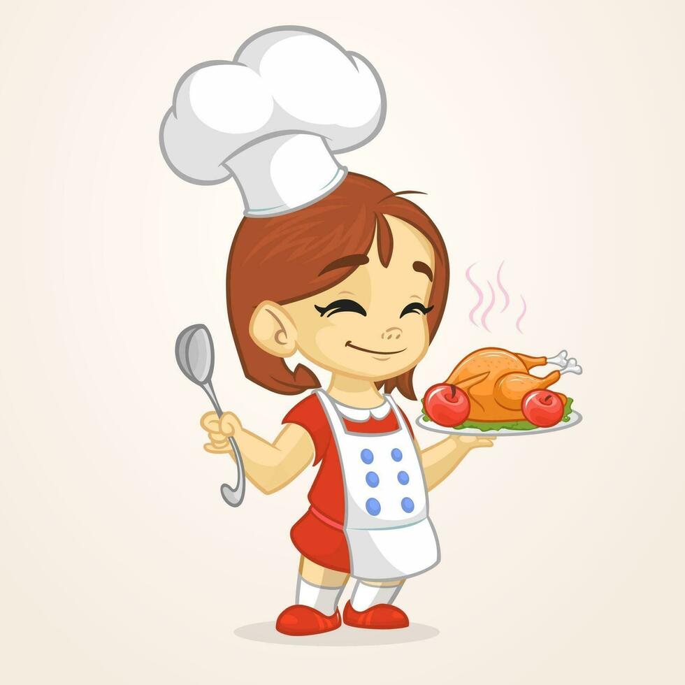 desenho animado fofa pequeno menina dentro avental servindo assado Ação de graças Peru prato vetor