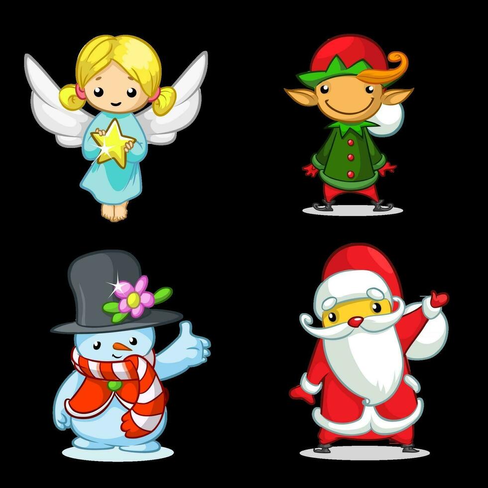 desenho animado conjunto do Natal anjo duende boneco de neve e santa claus vetor