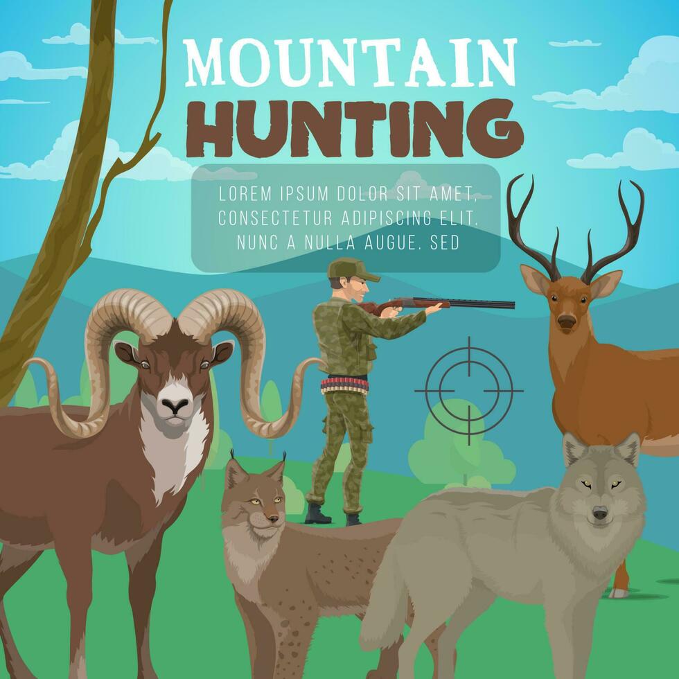 montanha Caçando, floresta cervo, selvagem animais caçador vetor