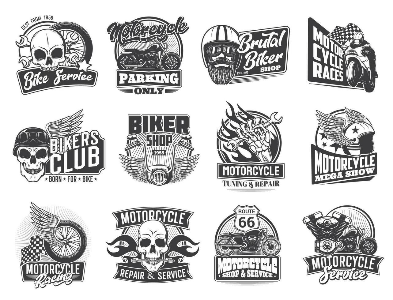 motociclista e motocicleta raças ícones, crânio e asas vetor