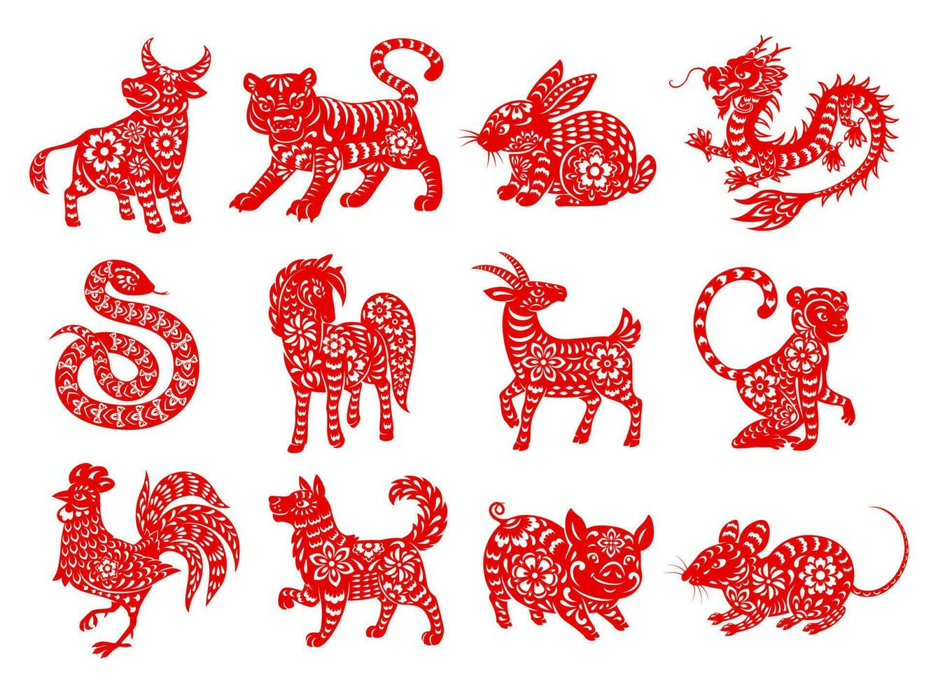 chinês zodíaco horóscopo animais, vermelho papercut conjunto vetor