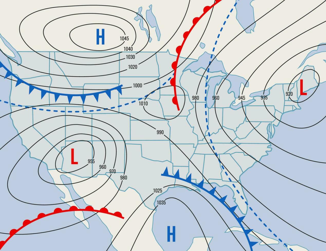 previsão clima isobar mapa, EUA Estado meteorologia vetor