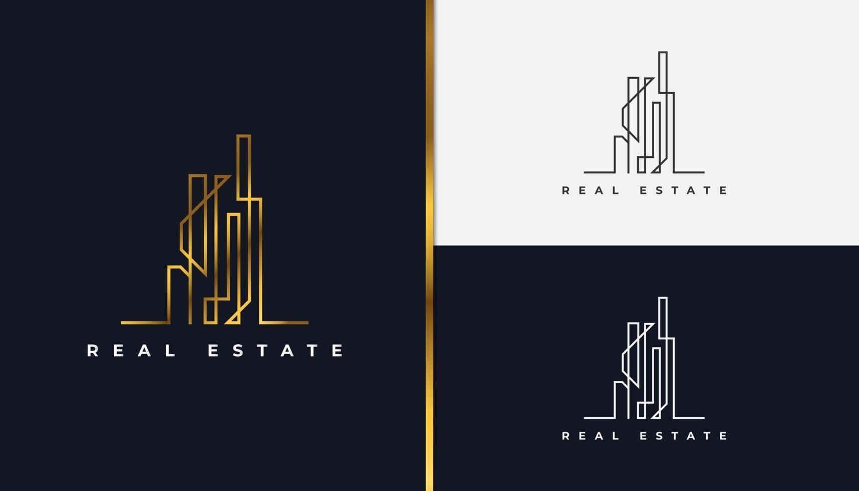 logotipo imobiliário em gradiente de ouro com estilo de linha. construção, arquitetura ou modelo de design de logotipo de construção vetor