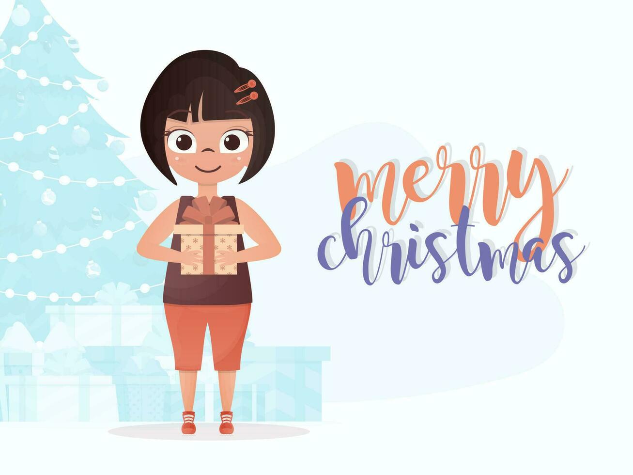 uma pequeno menina é segurando uma presente dentro dela mãos. alegre Natal cartão postal. desenho animado estilo. vetor