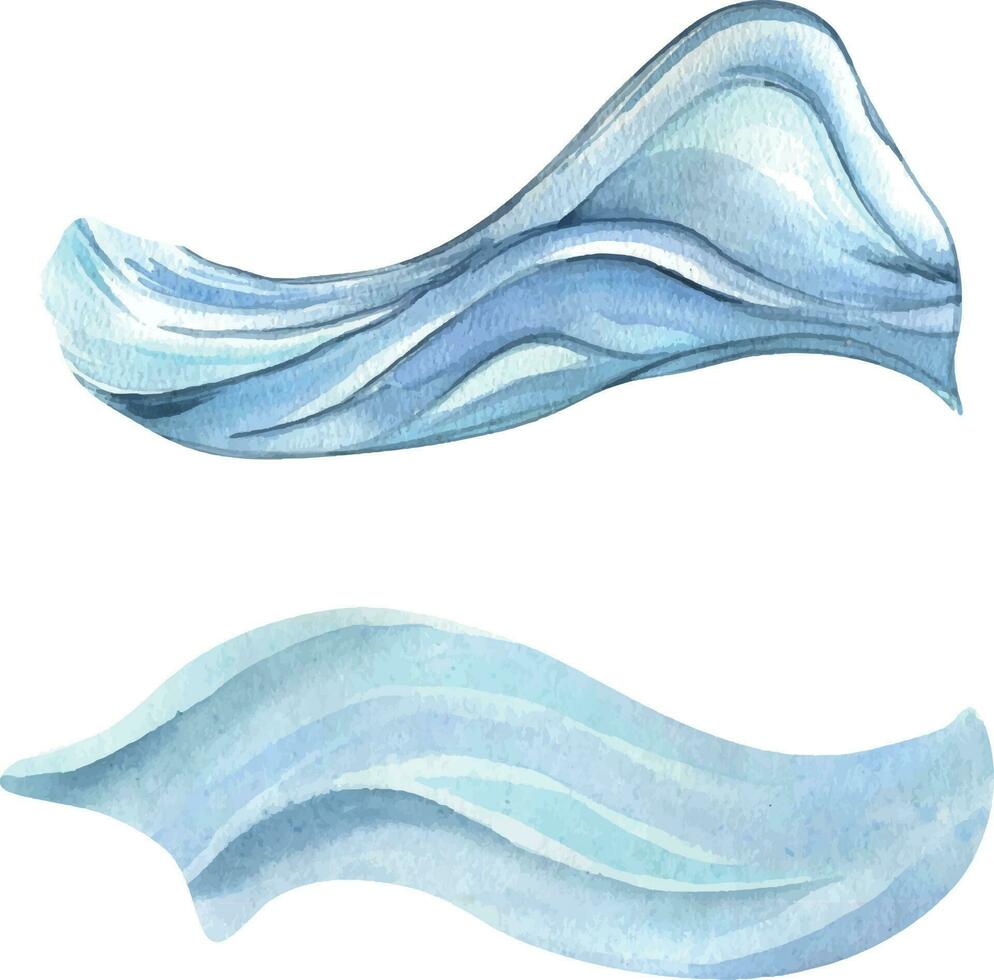 água ondas azul cor aguarela ilustração isolado em branco fundo. dois Variuos azul oceano ondas mão retirou. Projeto elemento para composição. vetor