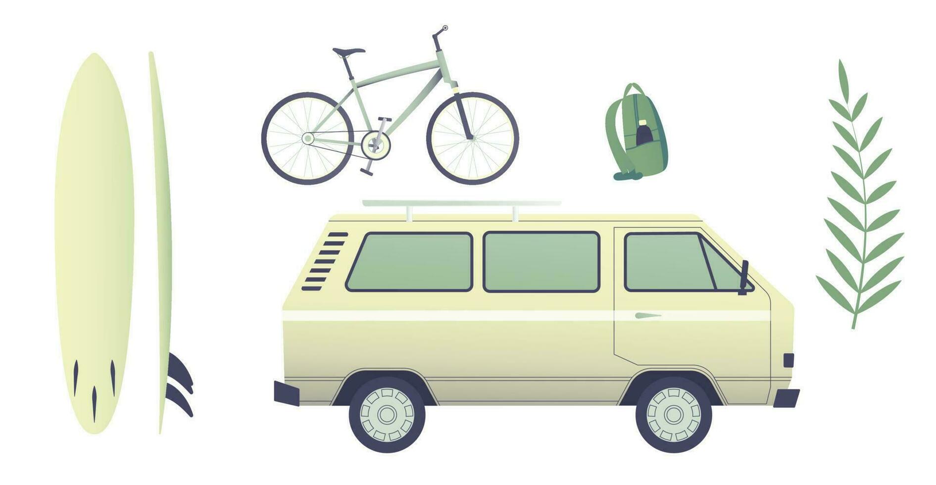 viagem conjunto minivan, bicicleta, mochila, prancha de surfe. vetor