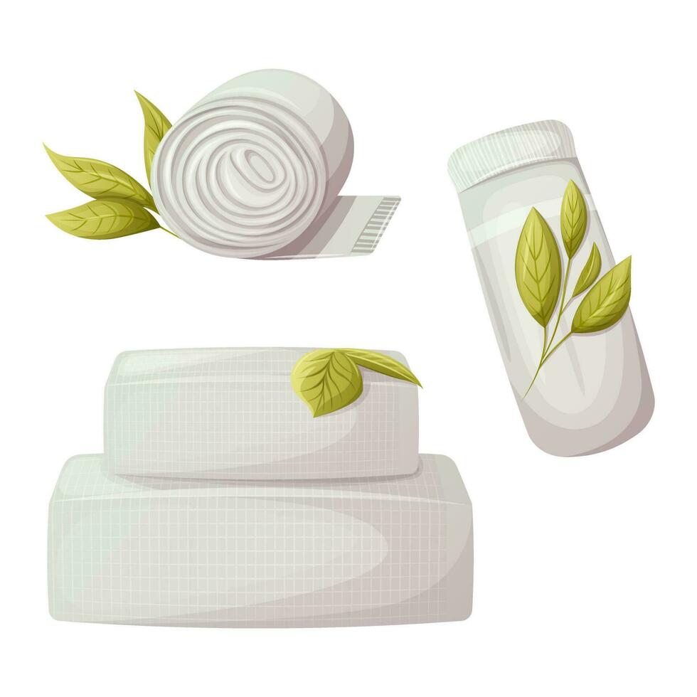 uma conjunto do banho toalhas enrolado e guardada. lado e topo visualizar. galho com verde folhas. a conceito do spa, relaxamento. desenho animado estilo. na moda vetor ilustração.