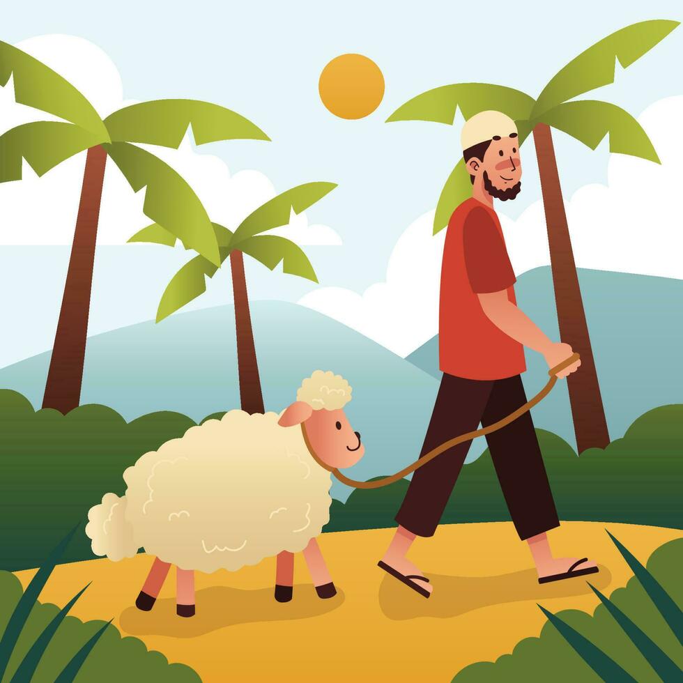 ilustração do uma homem com uma sacrificial animal para comemoro eid al adha vetor