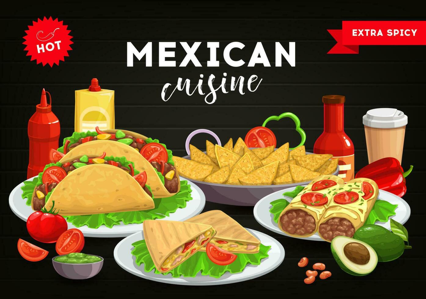mexicano cozinha cardápio cobrir, México Comida tacos vetor