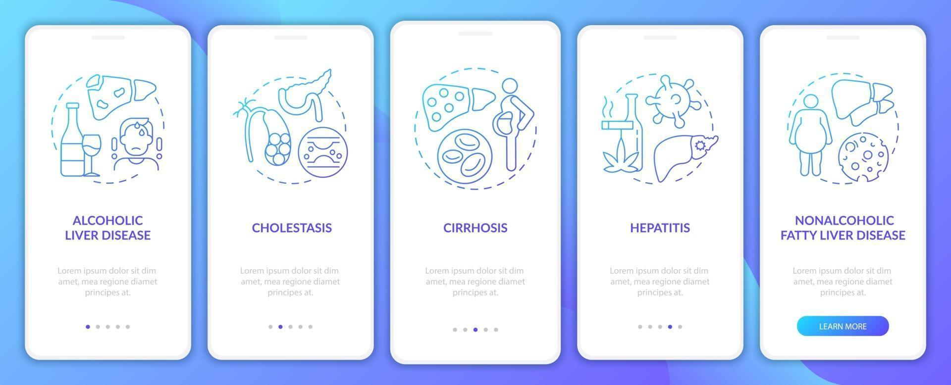 tela de página de aplicativo móvel de integração de tipos de doença hepática com conceitos vetor