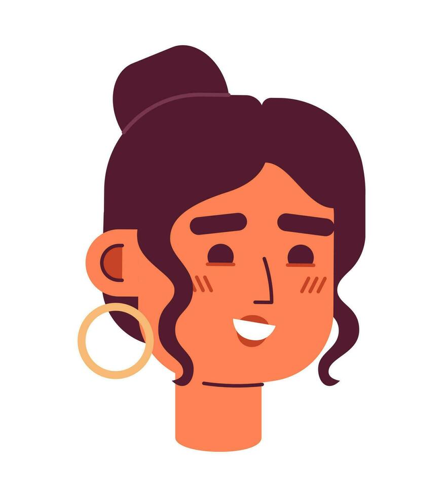 feliz latina mulher vestindo aros semi plano vetor personagem cabeça. morena menina com amarrado cabelo. editável desenho animado avatar ícone. face emoção. colorida local ilustração para rede gráfico projeto, animação