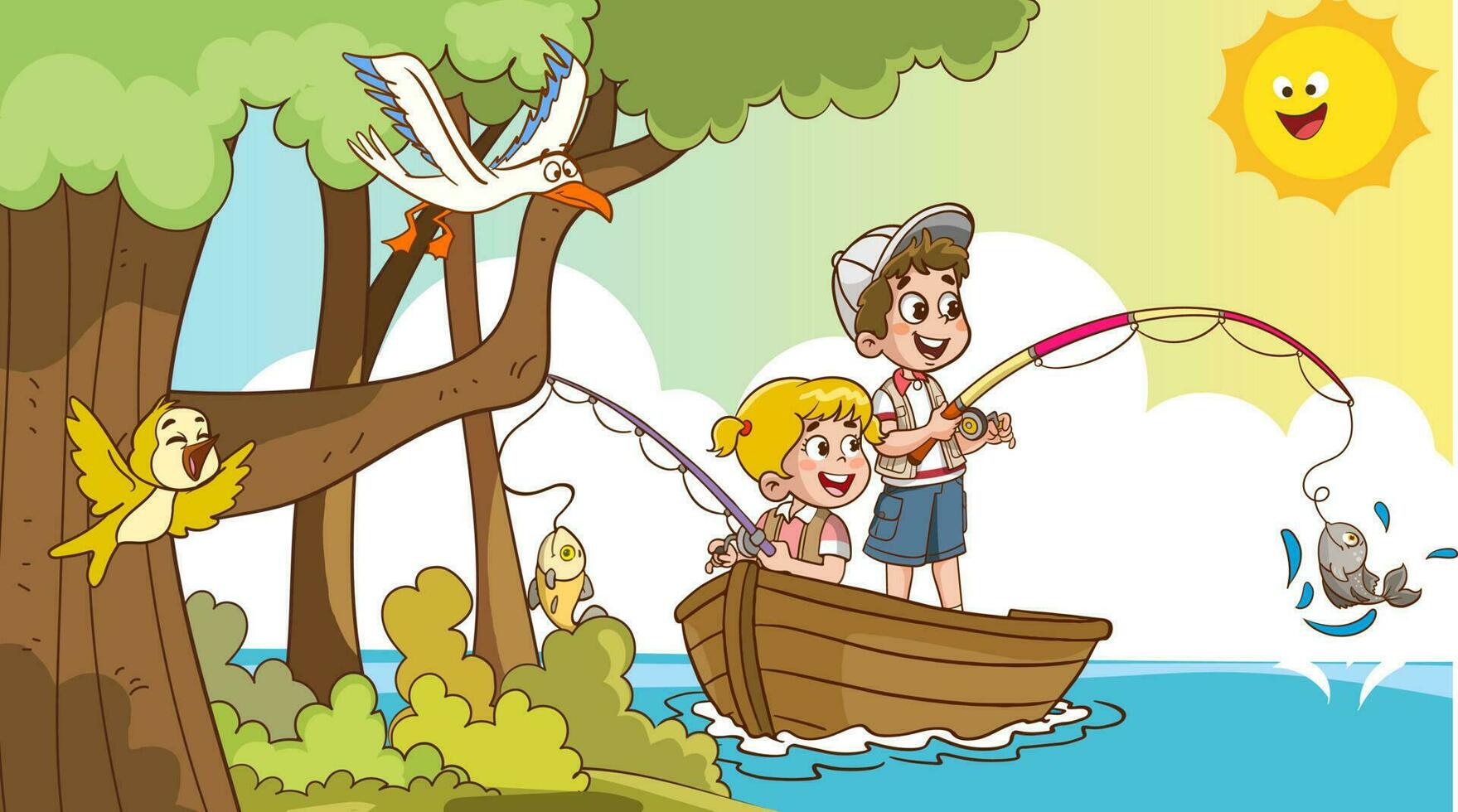 crianças pescaria desenho animado vetor ilustração