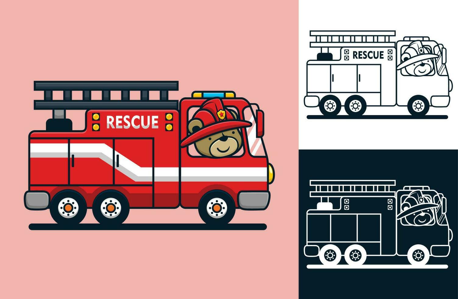 engraçado Urso vestindo bombeiro capacete em caminhão de bombeiros. vetor desenho animado ilustração dentro plano ícone estilo