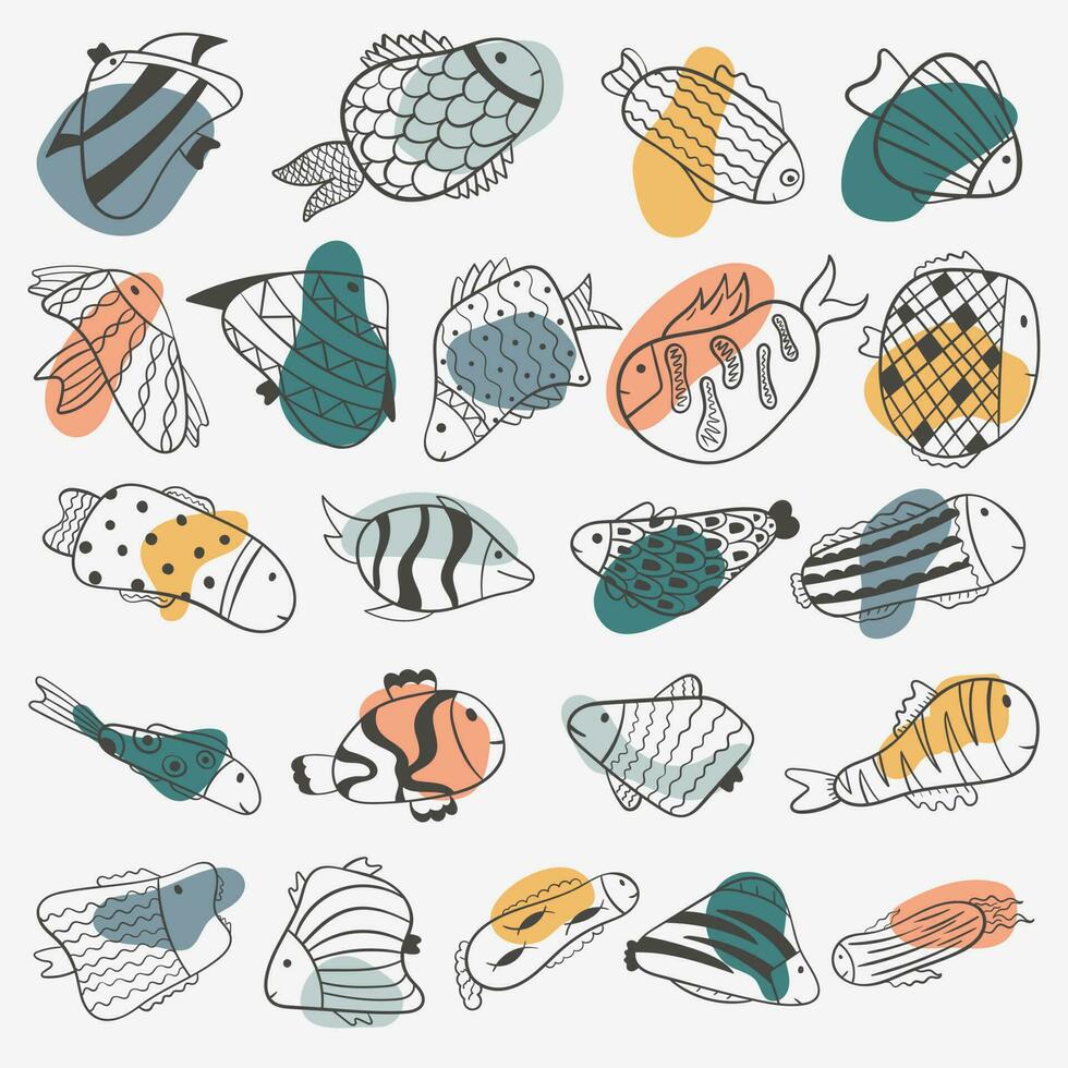 vetor rabisco ilustração. desenho animado peixe do diferente formas, com padrões. fundo decoração.