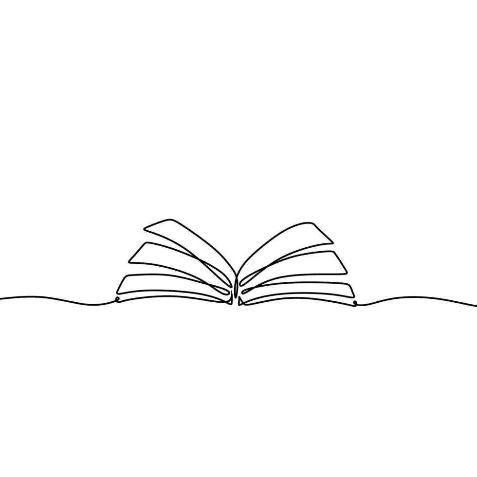 contínuo um livro aberto de desenho de linha com páginas voadoras. ilustração educação fornece de volta ao tema escolar. vetor