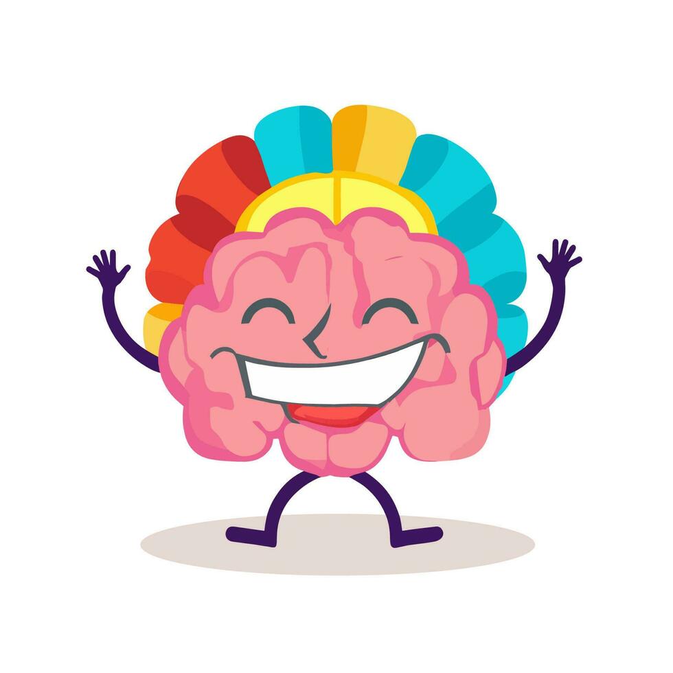 colorida feliz cérebro personagem com uma arco Iris pena em Está cabeça. vetor
