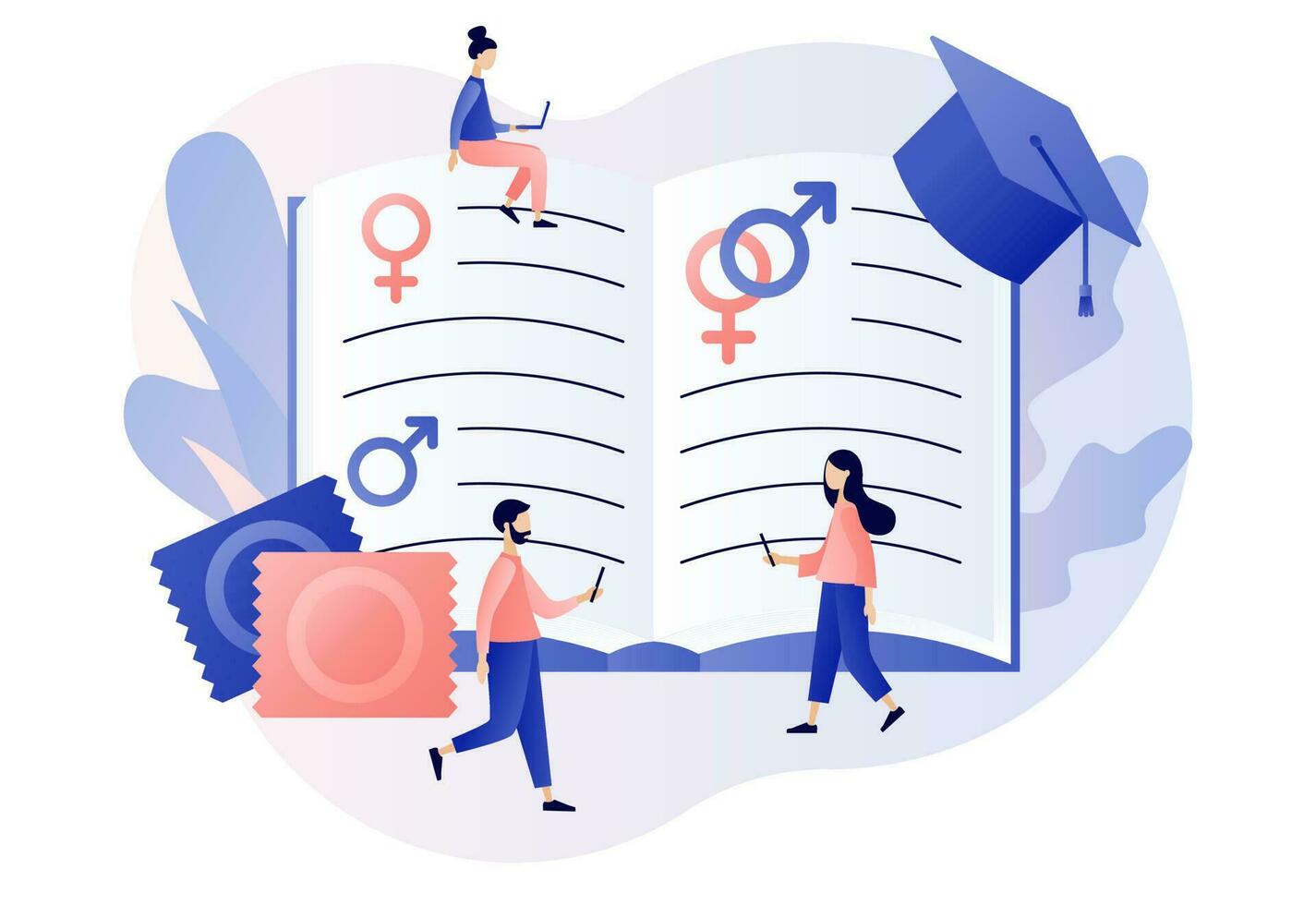 sexual Educação conceito. minúsculo pessoas com grande livro dentro sexual saúde lição. contracepção e reprodução sistema. humano sexualidade. moderno plano desenho animado estilo. vetor ilustração