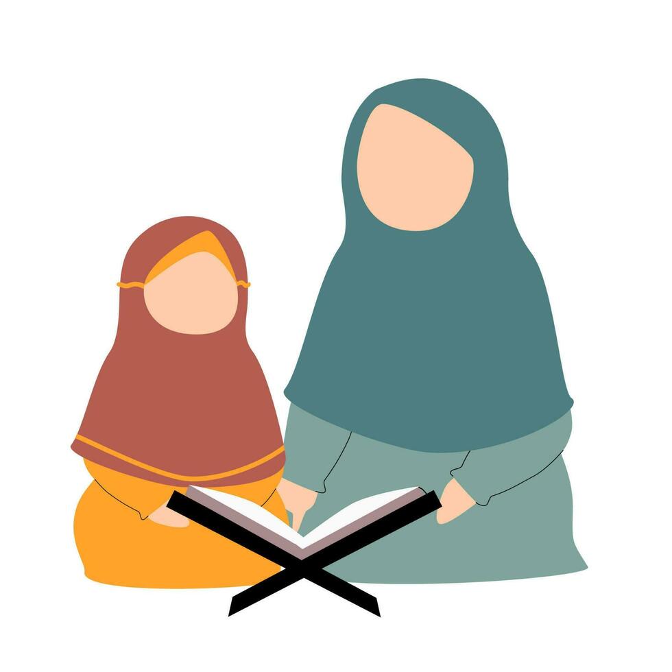 ilustração do mãe e dela filha lendo Alcorão vetor