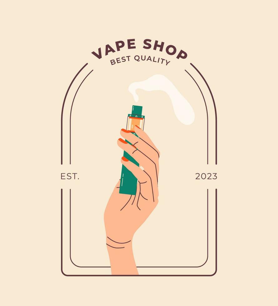 mão segurando vape, colorida ilustração logotipo. eletrônico cigarros e vape conceito. moderno vetor ilustração. Projeto do vape canetas e pod modificações. plano vetor Projeto para rede.