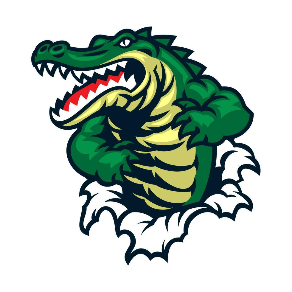 crocodilo mascote logotipo chegando Fora a partir de a quebrado papel vetor