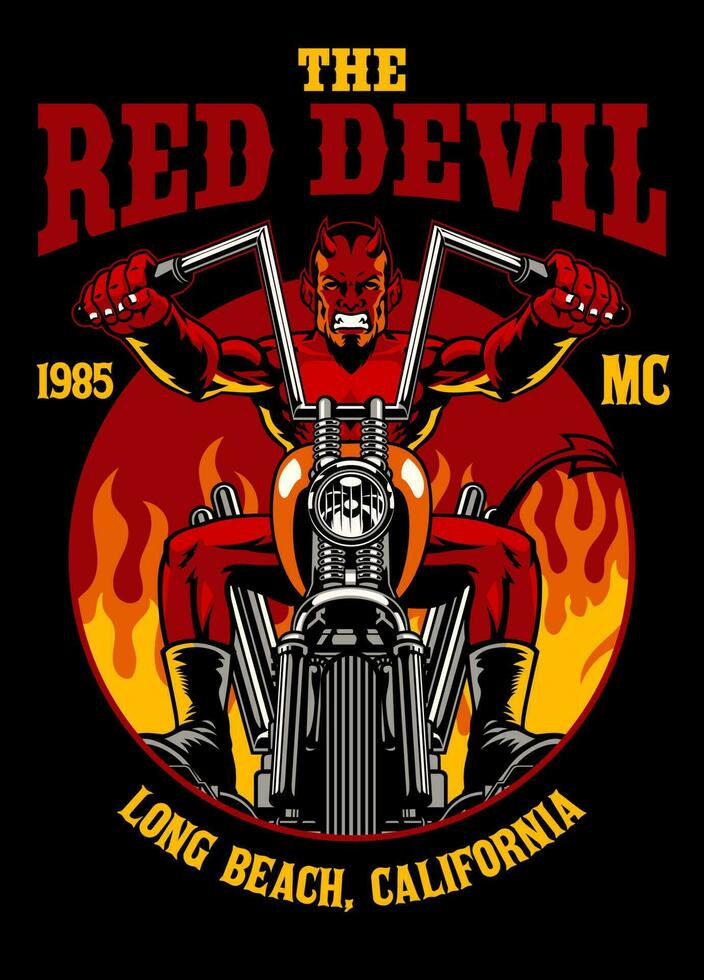 vintage camiseta Projeto do vermelho diabo equitação helicóptero motocicleta vetor